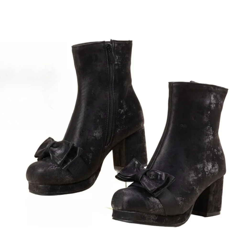 Women Vintage Distressed Bow Ankle Boots Side Zipper Platform Chunky Heel Fashion Boots Plus Size 32-48 BK7683-2