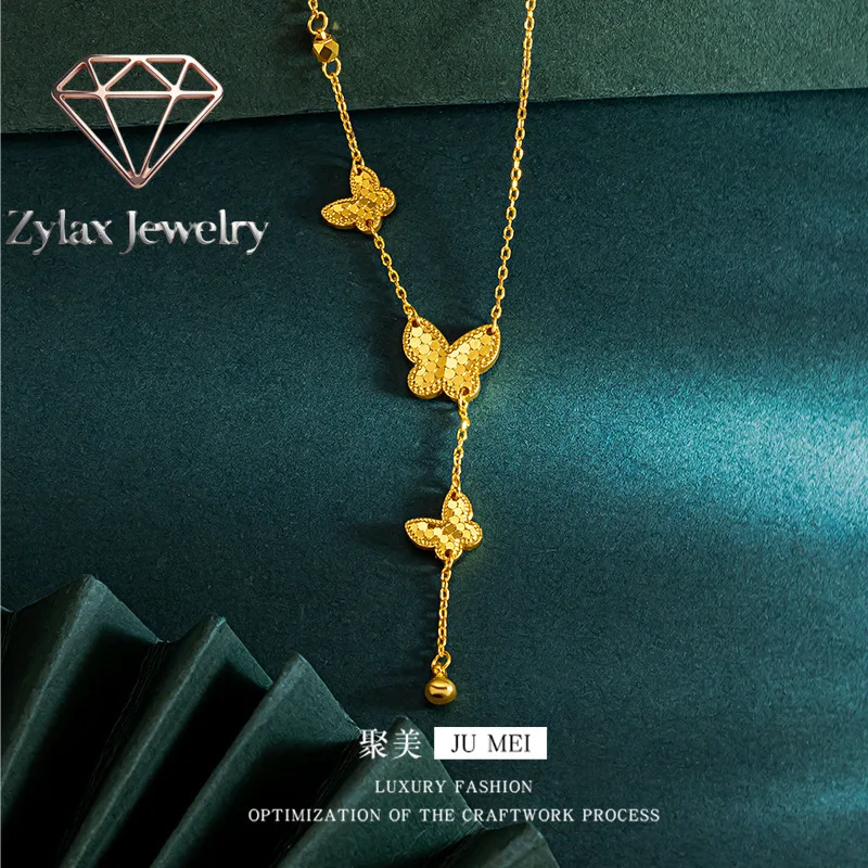 

Zylax Jewelry Luxury 24K 9999 Pure Gold real gold Three Butterfly Chain Women's Necklace Earrings Ring