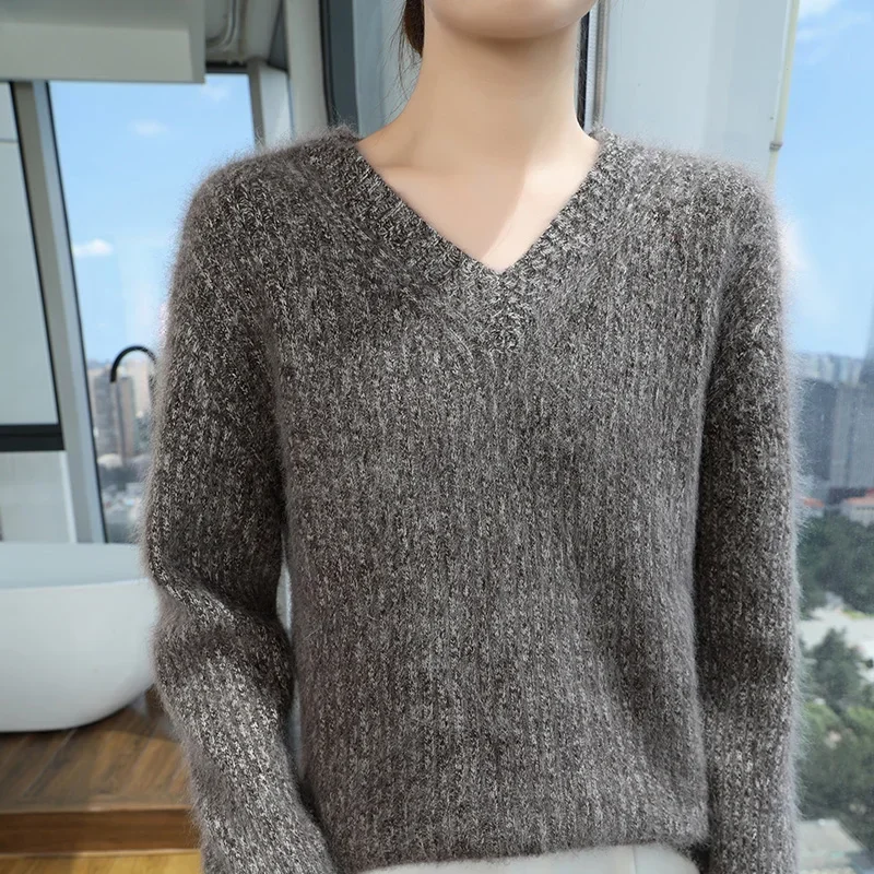 Mink Cashmere Thick V-Neck Pullover for Women, 100% Mink Cashmere, Lazy and Comfortable, All-Matching Knitted Base,Autumn Winter