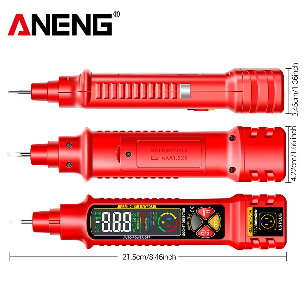 ANENG VD808 Rilevatori di interruttori automatici Analizzatore di circuito presa Tester di tensione CA Spina USA/UE Perdite Polarità Strumenti di prova di perdite