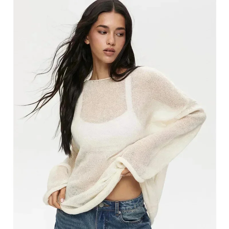 

Loose Long Sleeve Mesh Sweatshirt Pullover Women Knitted Transparent Oversize T-shirt Fashion See Through O Neck Y2K Sweater Top