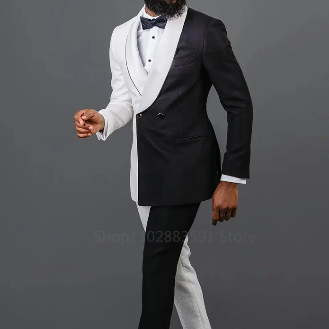 2 Pieces Newest Splicing Colors Men Suits Set  Wedding Groom Tuxedo White Black Blazer+Pants Custom Made Prom Dress Coat