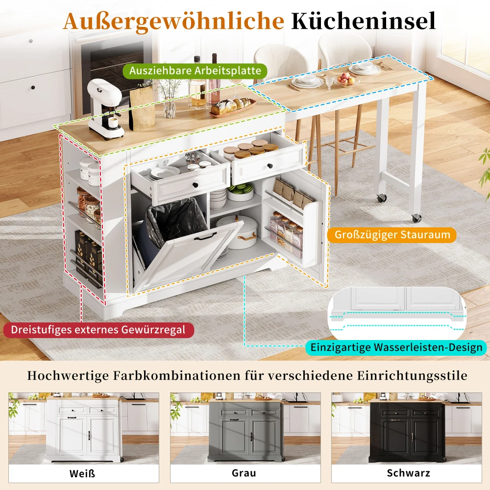 Picture 6: Multifunctional Mobile Kitchen Island on Rollers, Freestanding Extendable Kitchen Island with Pull-out Extractable Dining Surface, Hidden Trash Bin and Multiple Drawers, Practical Rolling Storage Unit for Kitchen & Dining Room