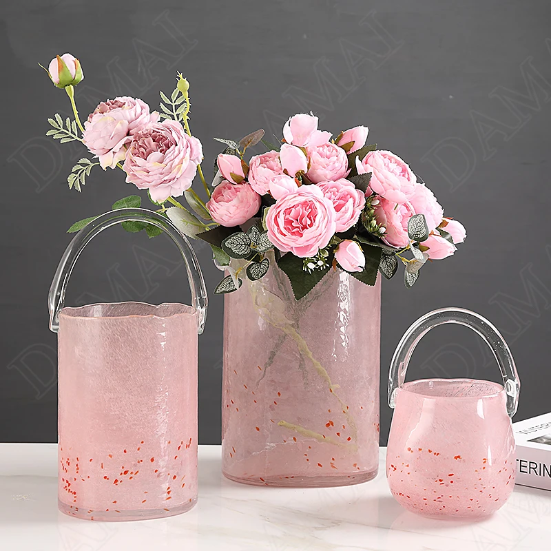 

Creativity Glass Vase Hand Painted Pink Dots Decor Flower Vases Transparent Creative Bag Home Decoration Dried Flowers Organizer