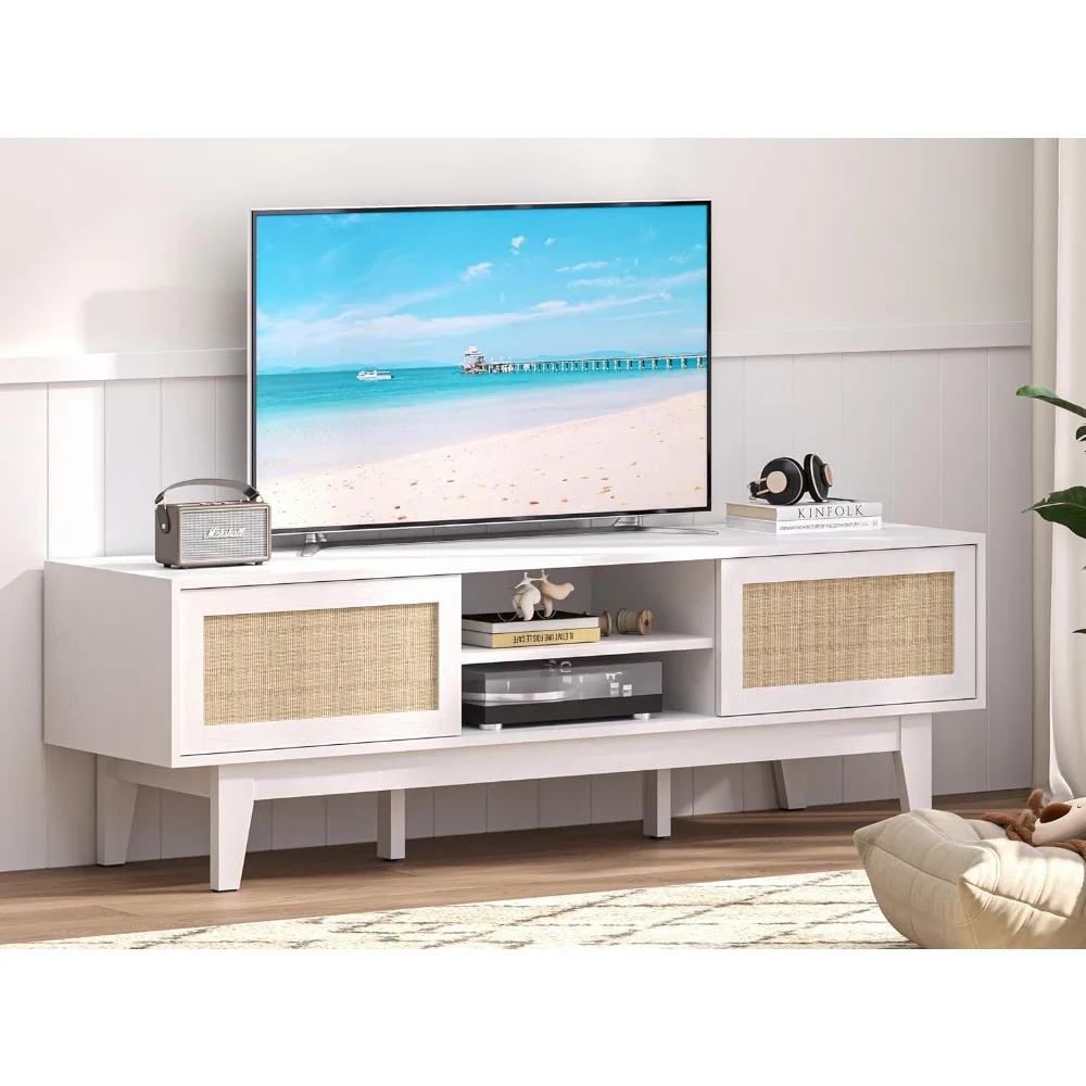

Boho TV Stand for 55 65 Inch TV, Rattan Entertainment Center with Shelves, Cabinets and Sliding Doors, TV Media Console Table wi
