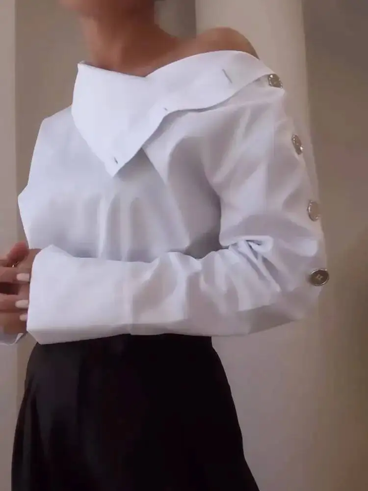 قميص موضة جديدة للنساء 2025 بلوزة نسائية غير رسمية بأكمام طويلة بأزرار ربيعية أنيقة باللون الأبيض قمصان مكتب للسيدات #3