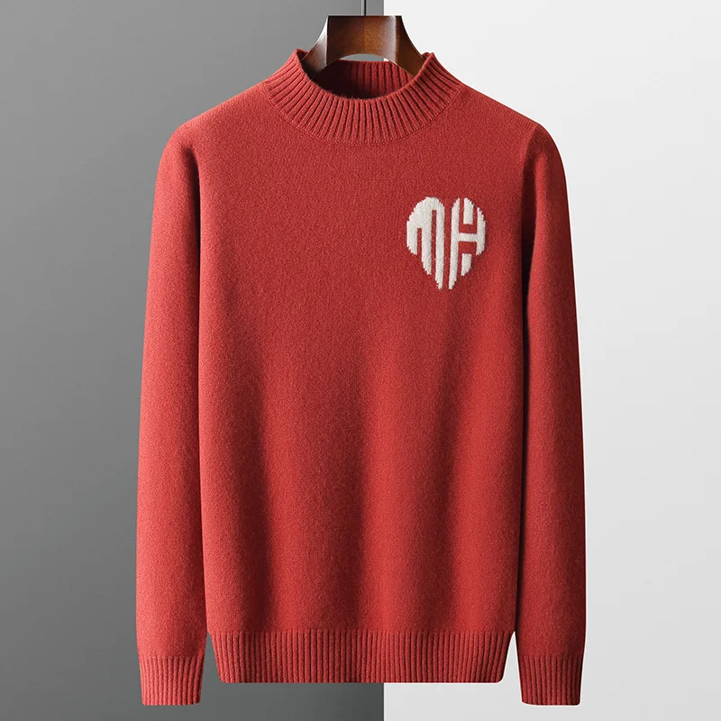 

MVLYFLRT Autumn Winter New Cashmere Sweater Men's Thickened Half High Collar Pullover 100% Pure Wool Knitted Sweater Embroidery