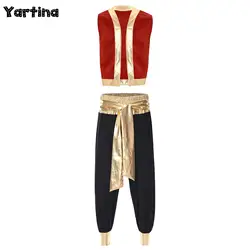 Mens Arabian Prince Aladin Captain Cosplay Costume Halloween Outfits Metallic Shiny Trim Open Front Vest with Belted Long Pants