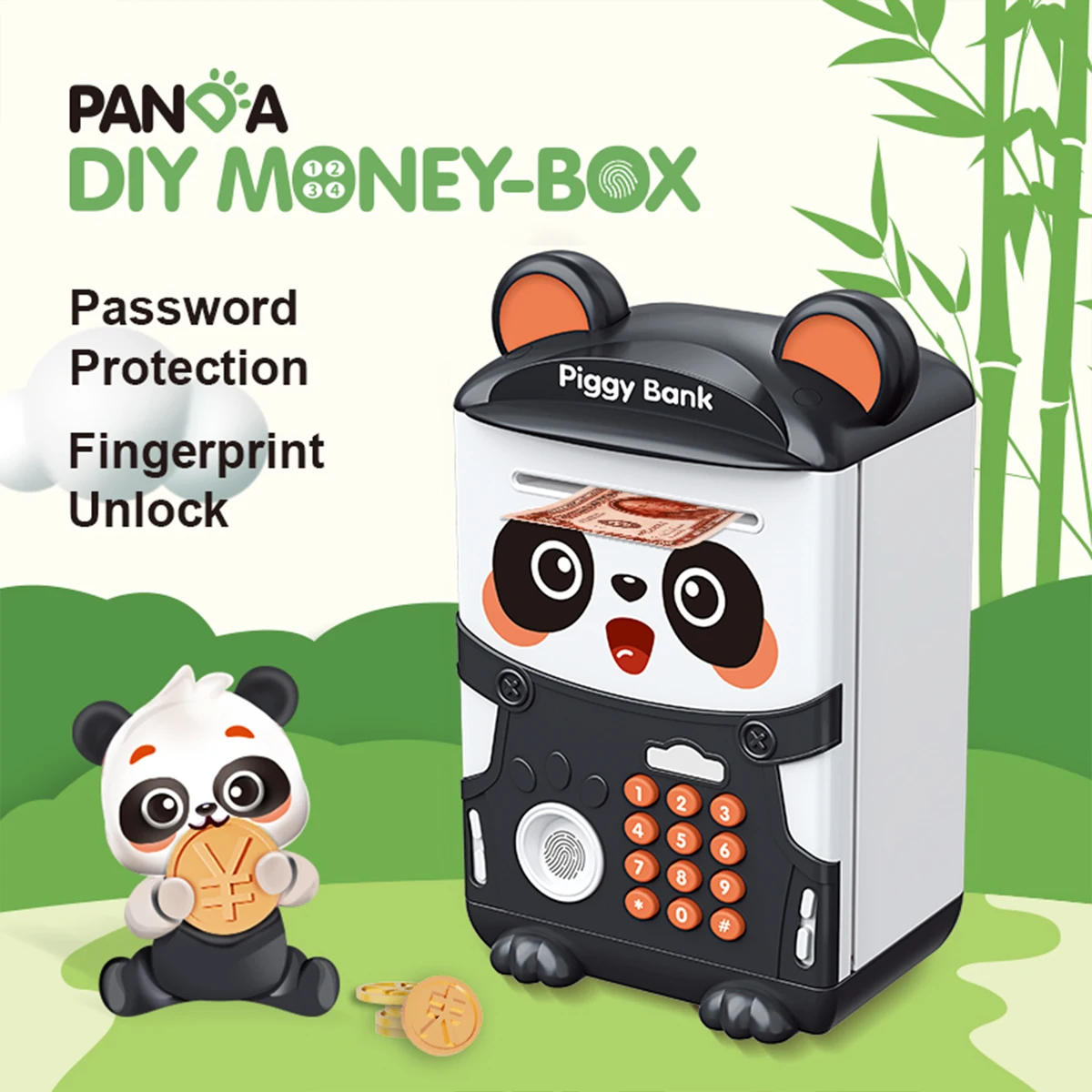 Electronic Piggy Bank, ATM Money Saving Box Password Safe Automatic Money Rolling Simulate Fingerprint Lock Gifts for Kids