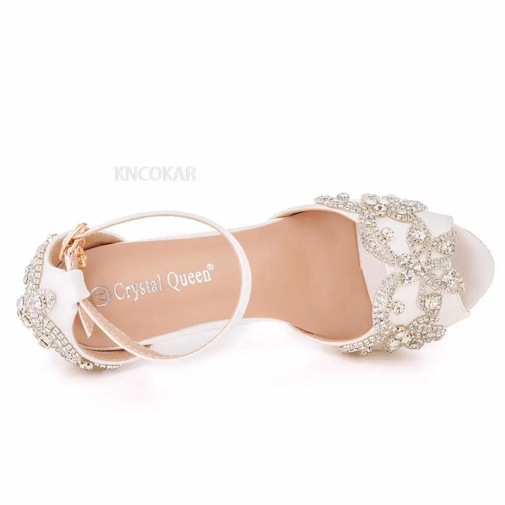 Women Wedding Shoes Bride Sandals White Rhinestones Silver Platform Dress Thin High Heels Ladies Pumps