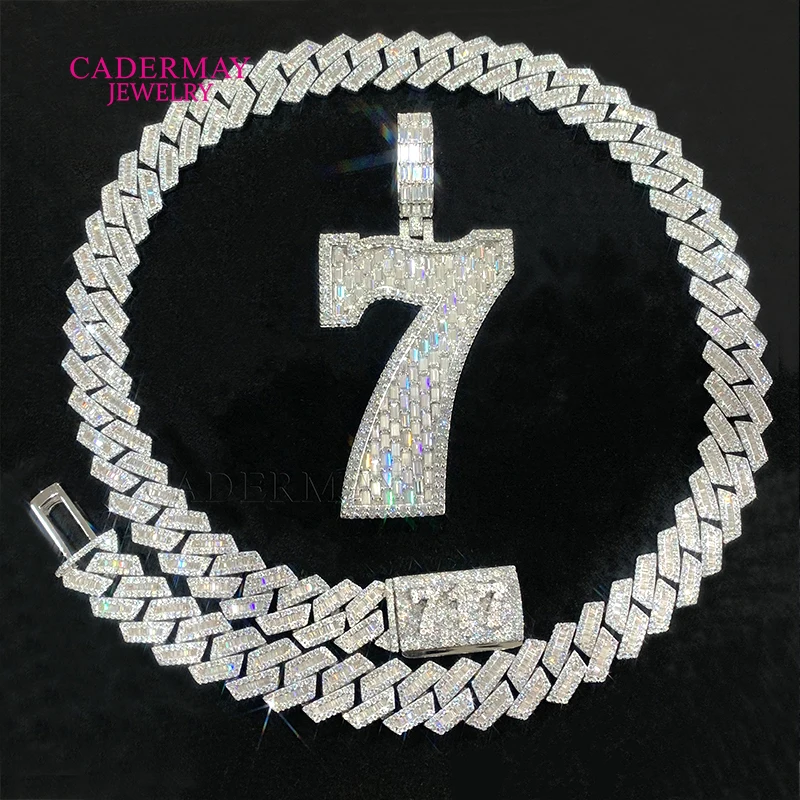 Hiphop Jewelry 925 Silver Iced Out VVS Moissanite Pendant Custom Made 2.5in 7 Number Pendant With 15mm Baguette Cuban Chain