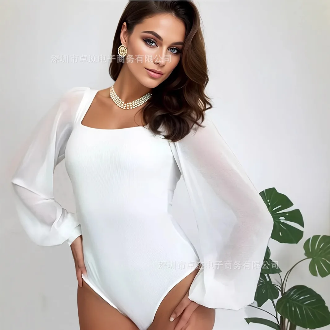 Women's Long Sleeve Chiffon Lantern Long Sleeve Bodysuit Blouse Jumpsuit
