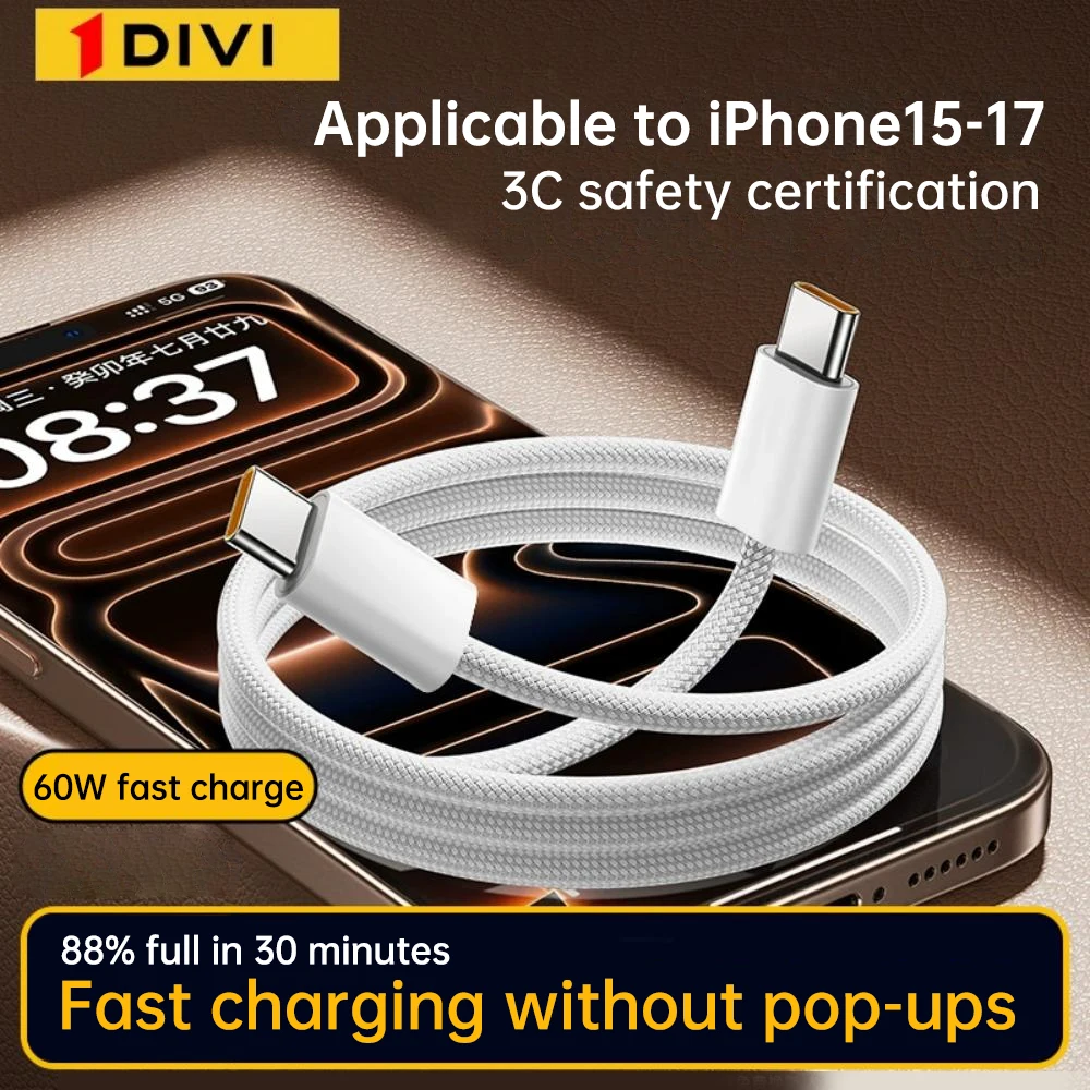 DIVI USB C Cable PD60W Fast Charge Cable for iPhone 17 16 15 Samsung S25 S24 iPad MacBook Air Xiaomi