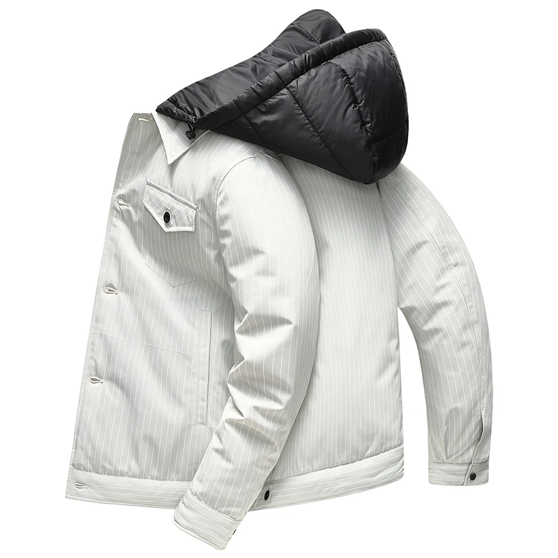 Winter New Hooded Down Jacket Men Fashion Striped White Duck Down Outerwear Couple Wear Warm Coat