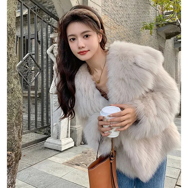 الكورية الإناث الترفيه فو الفراء سترة الخريف الشتاء السيدات طويلة الأكمام الفراء القمم معطف 2025 الراقية المرأة موضة أفخم أبلى