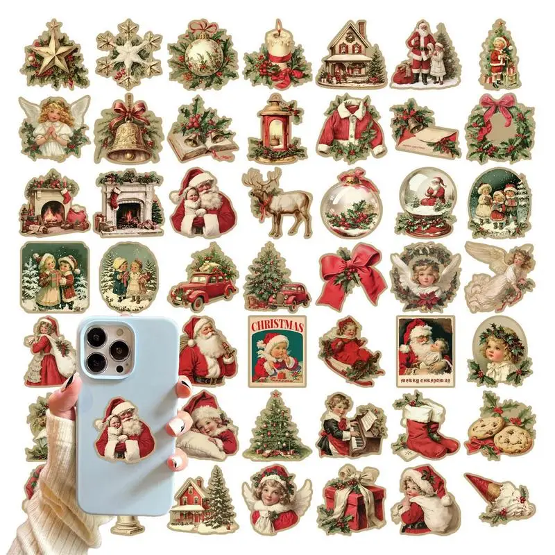 50pcs Vintage Christmas Sticker Santa Claus Snowman Pine Tree Graffiti Waterproof Stickers For Furniture Window Cups Decaration