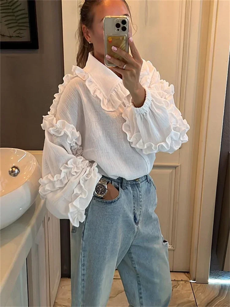 TARUXY Ruffle Loose Women Shirts 2024 Cotton Long Sleeve Elegant White Tshirt Ladies Street Casual Holiday Baggy Cover Up Female