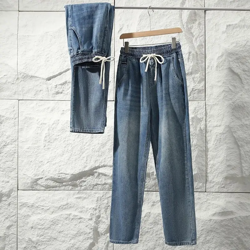 

Waed Denim Loose Wide Leg Jeans Elastic Waist Casual Long Pants American Lazy Sle Youthful Vitali Straight Tube Trousers