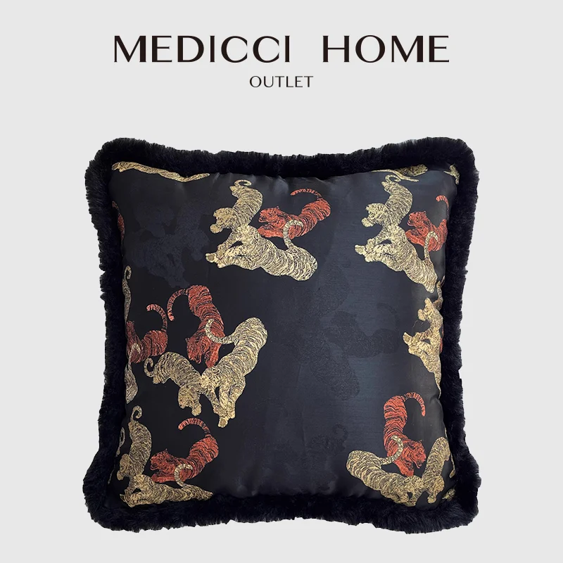 Medicci Home Chinoiserie Lucky Tigers Decorative Cushion Cover Exquisite Embroidery Retro Pillowcase Maximalism Style Home Decor