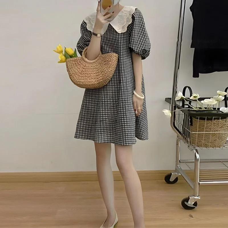 

plus Size Women's Summer Casual Plaid A-Line Dr Doll Collar ort Skirt Loose Fit Versatile Korean Sle Commute Wind Dr
