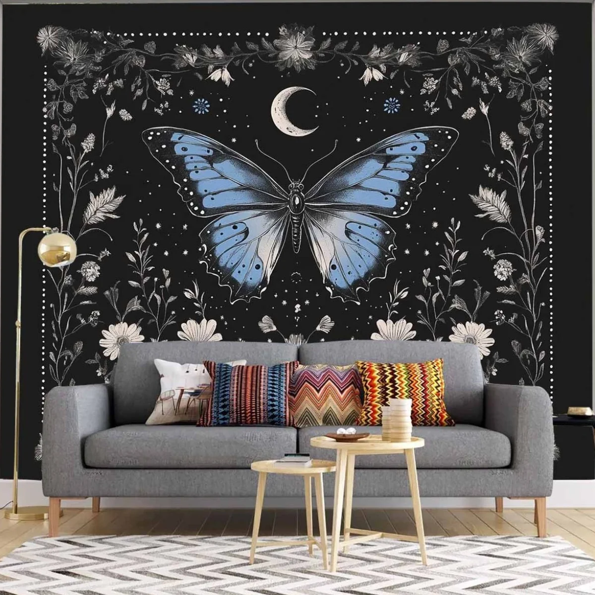 Arte tapiz decorativo estilo bohemio con estampados florales y de mariposas, ideal para decorar paredes en una habitación, fabri