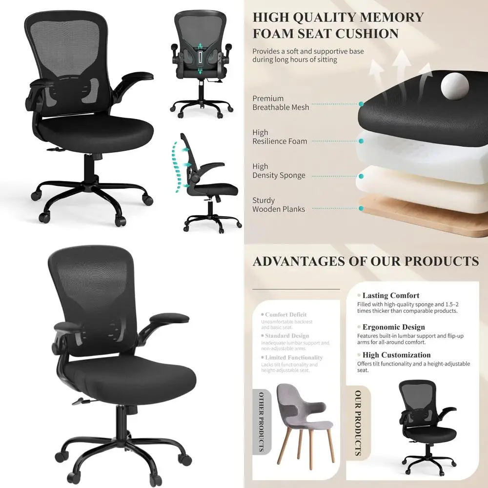 

Ergonomic Mesh Office Chair with Comfortable Flip-up Armrests and Lumbar Support for Home Office Use