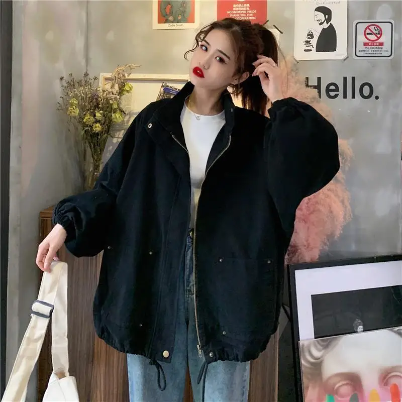 Spring Autumn Korean Version 2025 Loose Mid-length Drawstring Zipper Style Internet Celebrity Long-sleeved Jacket for Women