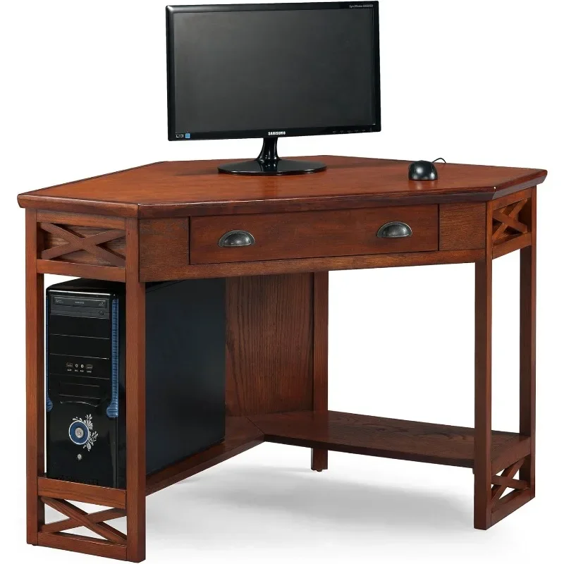 Leick Home 82431 Corner Computer Writing Desk with Drop Front Keyboard Drawer, Oak