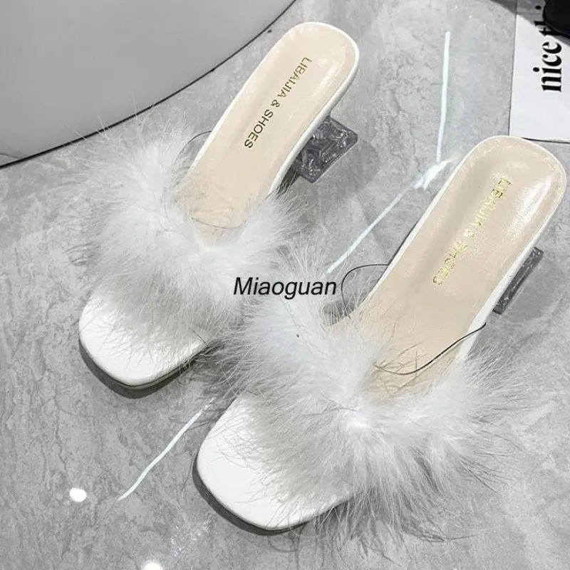 New Summer Fluffy Peep Toe Sexy High Heels Women Shoes Fur Feather Lady Fashion Slip on 2023 Designer Lady Indoor House Slippers