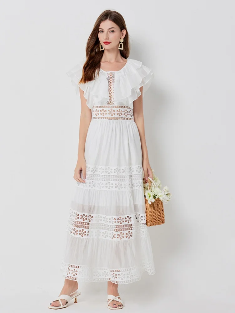 

SMTHMA High End New Product Cotton Lace Hollow Out Dress Women's Ruffle Big Swing Patchwork White Runway Long Dresses