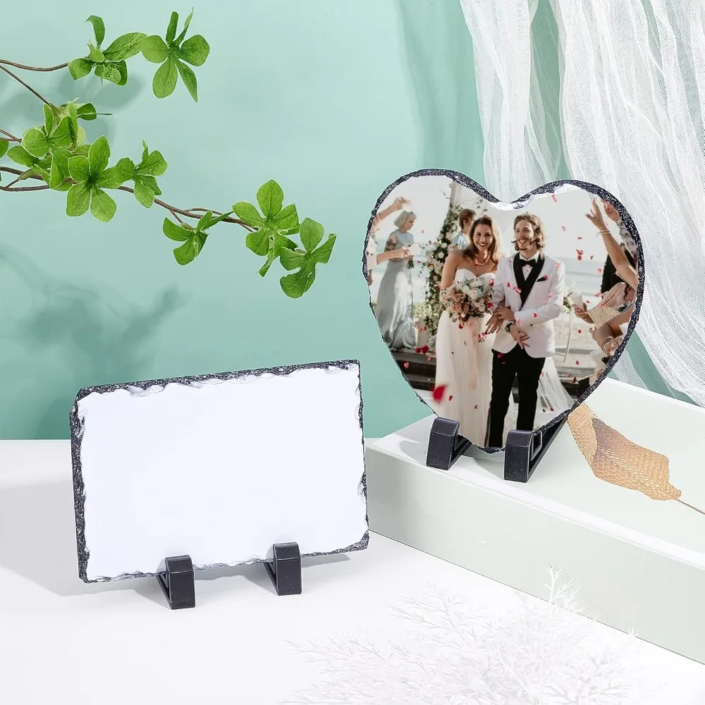 2Pcs 2 Styles Sublimation Blank Slate Rock Stone Heart Rectangle Photo Frame with Display Holder Transfer Heart Picture Frame