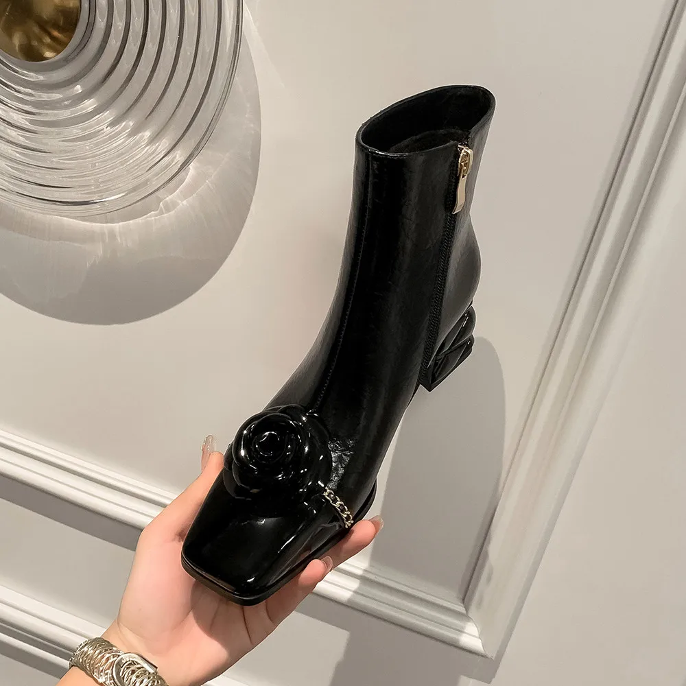 Dilalula 2025 Genuine Leather Flower Metal Chain Short Boots Women Thick High Heels Young Ladies Mixed Color Boots Party Dating