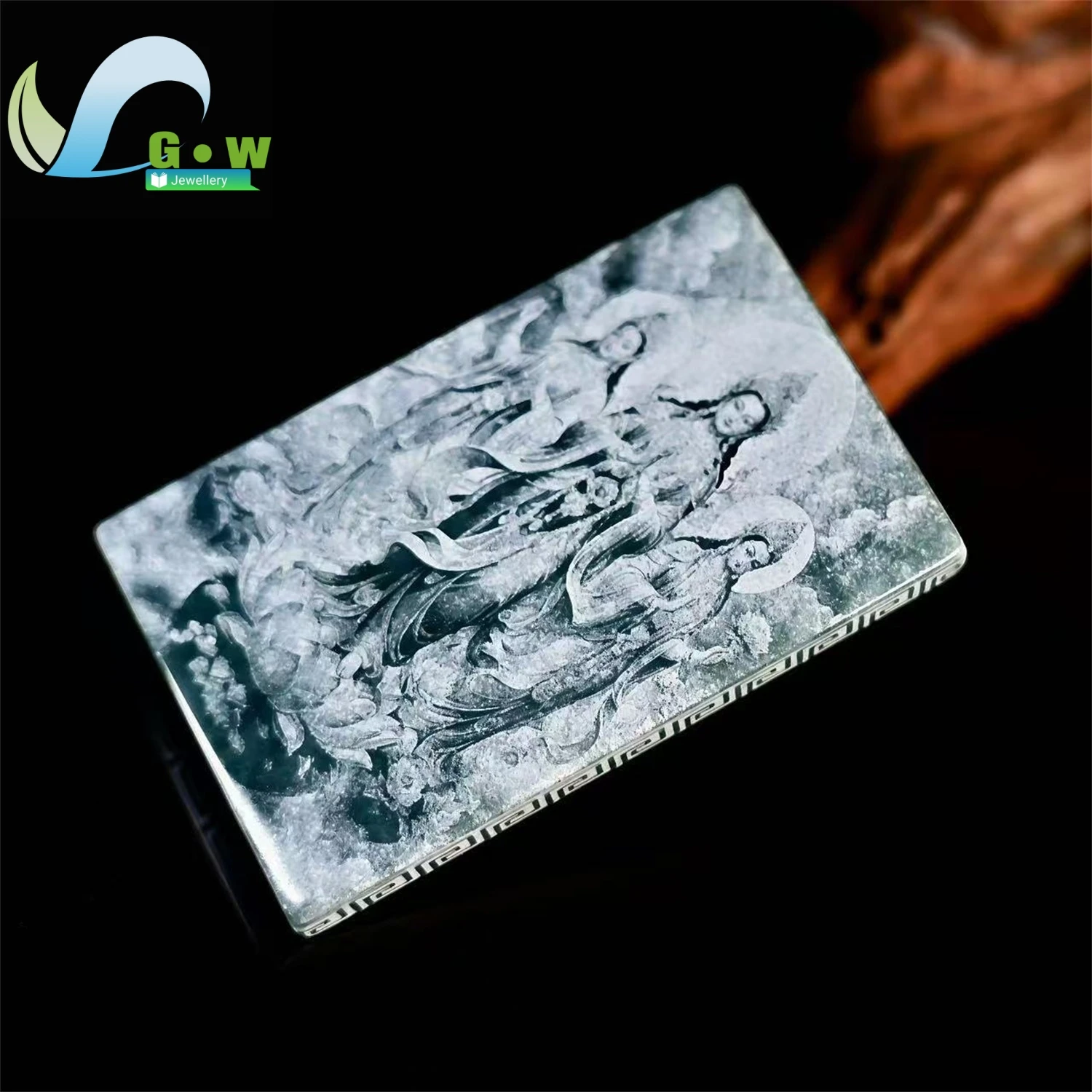 Natural Grade A Jadeite Blue Water High Ice Three Saints Guanyin Plaque Pendant Double Side Shadow Carved Jade Amulet Necklace