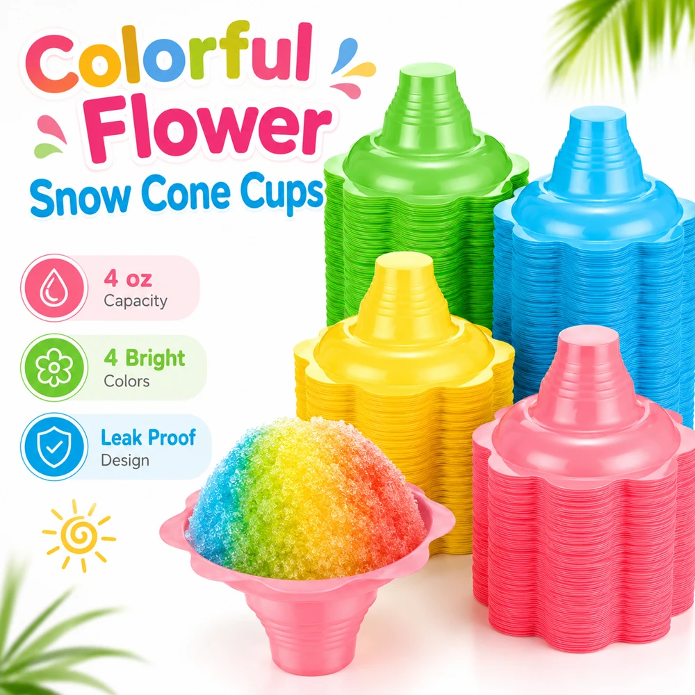 4oz Colorful Flower Snow Cone Cups, Plastic Shaved Ice Cups Leakproof Slush Ice Cream Bowls for Summer Parties