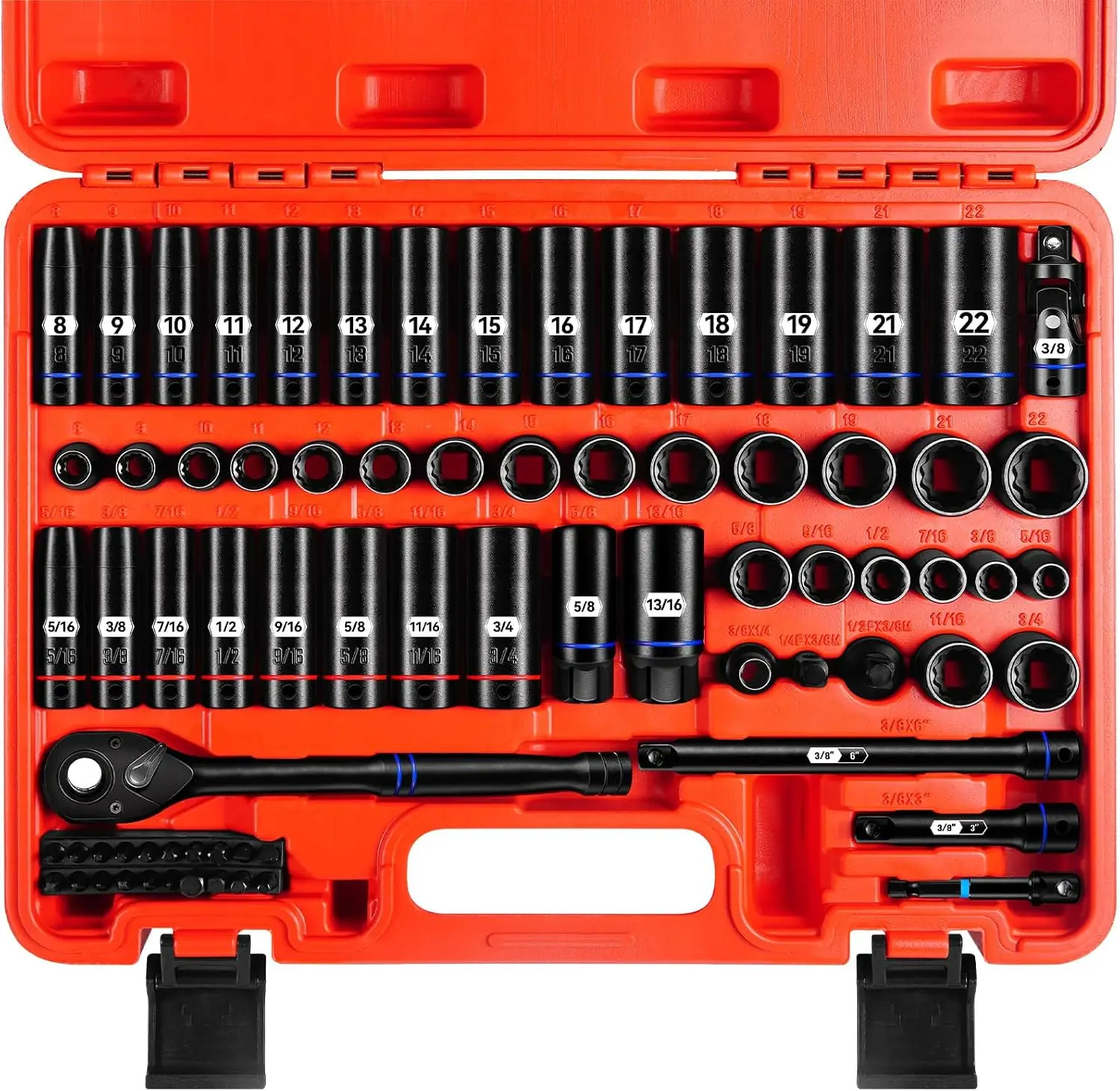 3 8 Inch Drive 12 Point Impact Socket Set 74 Pieces Standard SAE 5 16 3 4 Metric 8 22mm Color Ring Deep Shallow 72T Wrench Ratch