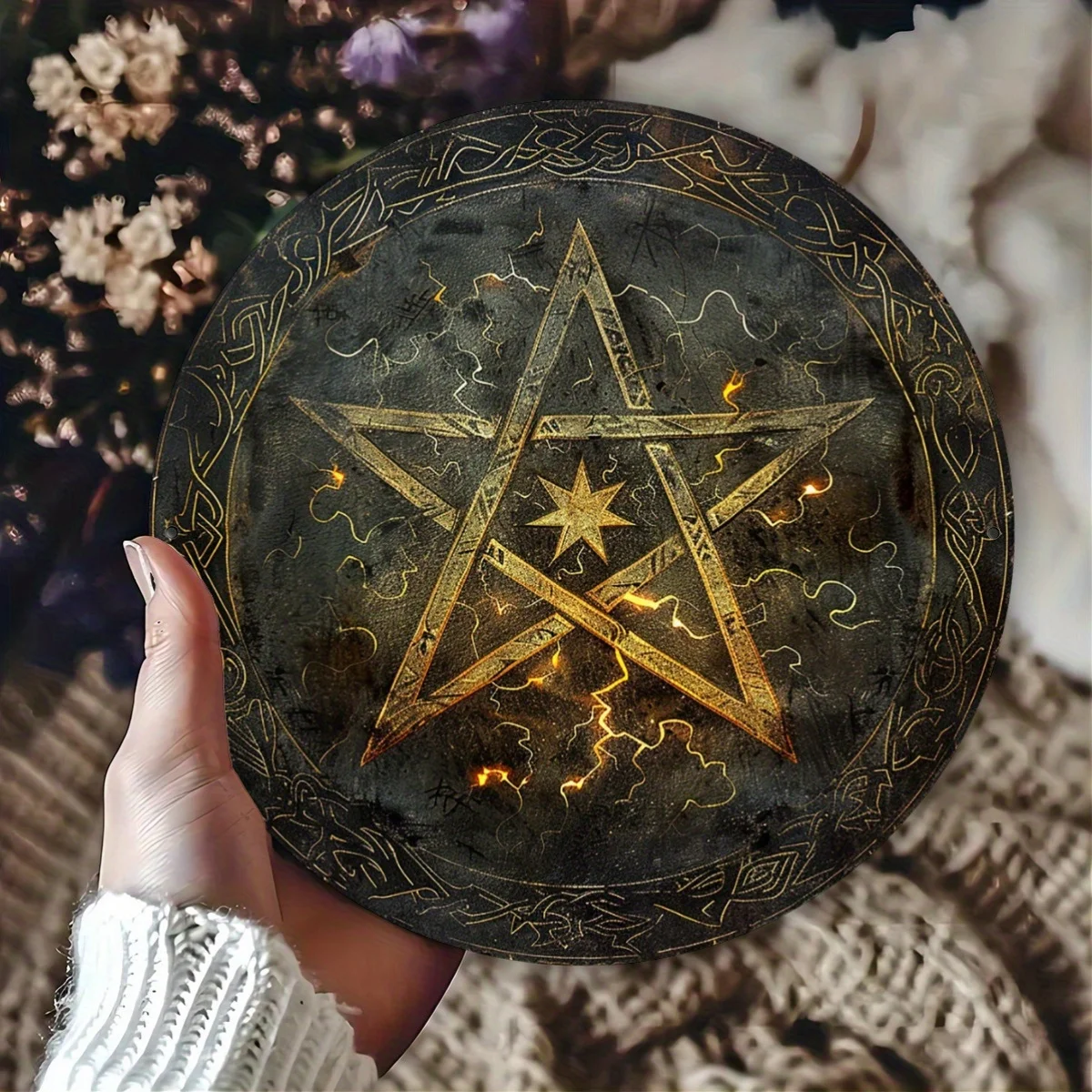 Witchcraft Pentagram Aluminum Foil Engraving Sign, Vintage Star Design Wall Art, Witchcraft Altar Decor, Hawaiian Gift, Quirky G