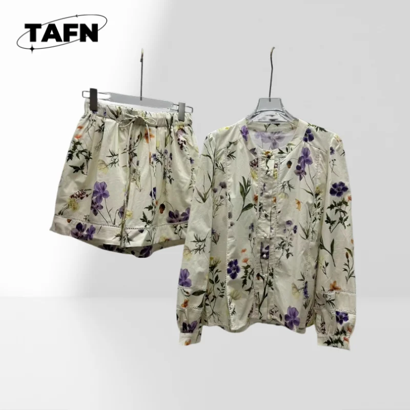 

Printed Slightly Transparent Linen round Neck Shirt Shorts Suit 2025 Summer Vacuum Style High Street a Vacation Style Suit G1527