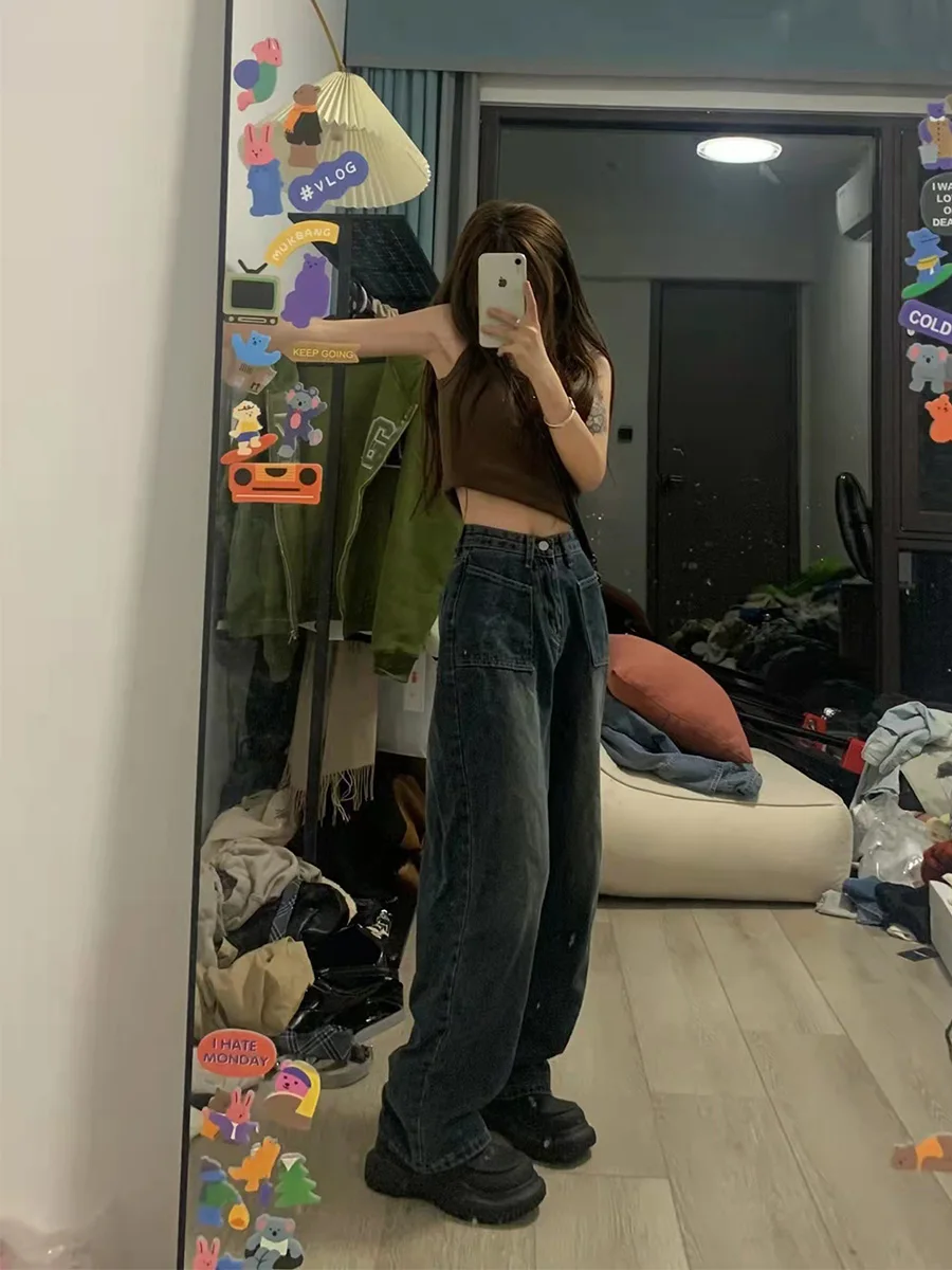 

Blue High Waist Straight Leg Wide Leg Pants Women's Jeans Retro American Vibe Long Trousers for 175 Tall Ladies Trendy INS