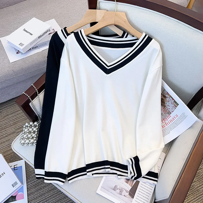 170Kg Plus Size Women\'s Bust 160 Spring Autumn Loose Pullover V-neck Underlay Sweater Stripe Knit 5XL 6XL 7XL 8XL 9XL 10XL