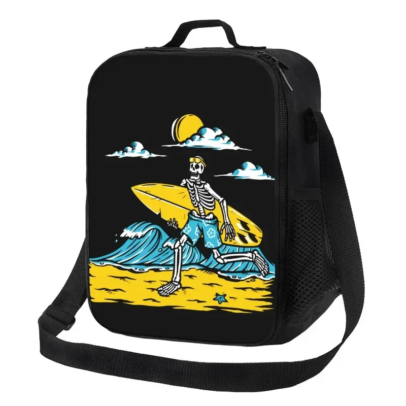 Surfing Skeleton Thermal Insulated Lunch Bag Summer Beach Surfer Lunch Container for Outdoor Camping Travel Bento Food Box