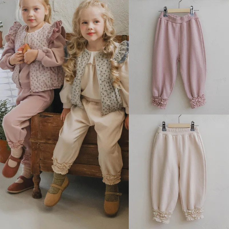 

2025 Spring and Autumn New Korean Children Girls Elegant Embroidered Flowers Cute Casual Loose Sports Pants