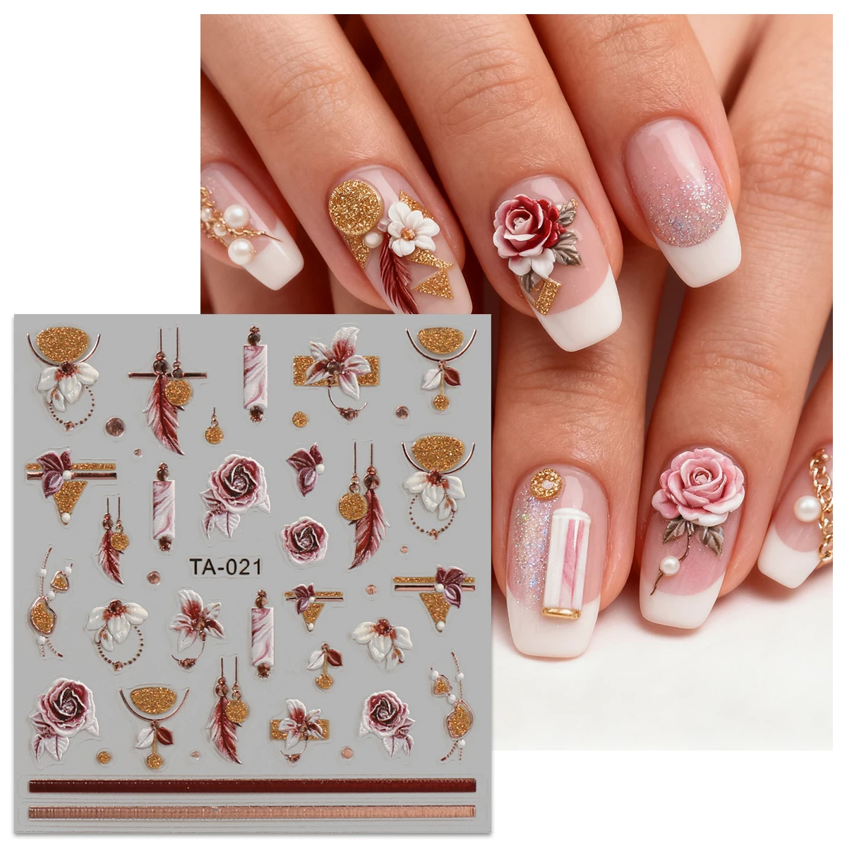 Autocollants pour Nail Art en relief, fleur rétro d'hiver, paillettes françaises, faciles à appliquer pour la décoration des ongles, le bricolage, le cadeau, le maquillage de fête, 2 pièces
