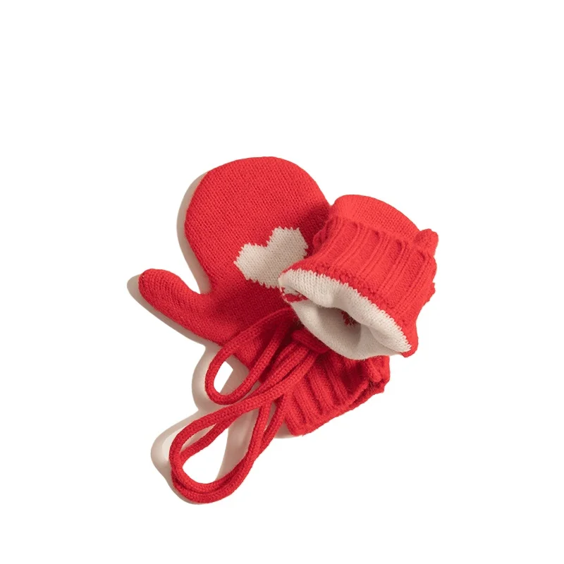 ファッションニットラブハートミトン 3-6歳用 暖かいカジュアルネックグローブ 秋冬防寒子供用