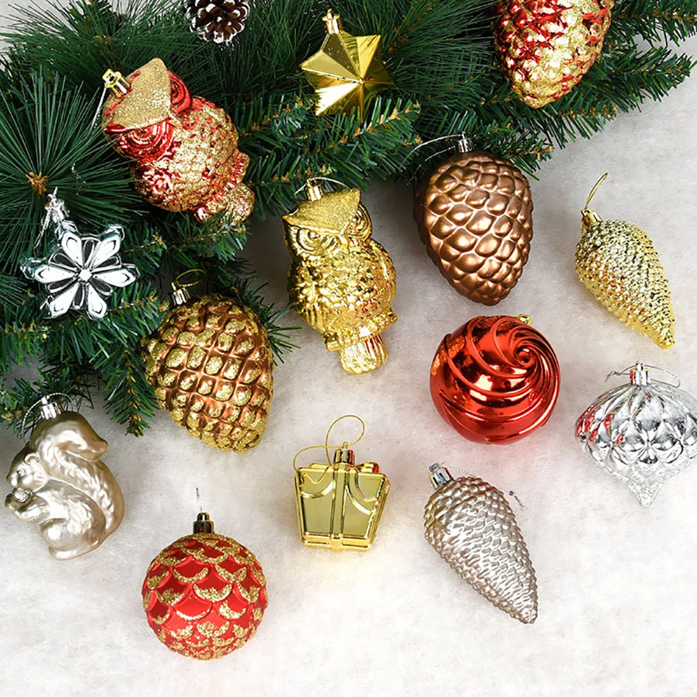 6pc Xmas Tree Decoration Glitter Pinecone Squirrel Snowflake Star Owl Cake Onion Hanging Ornaments Christmas New Year Party Gift