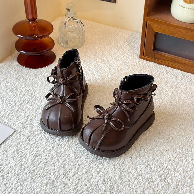 

Cute Girls Leather Boots with Simple Bows Kids Ankle Boots Soild Color 2025 Winter New Children Princess Boots with Side Zipper