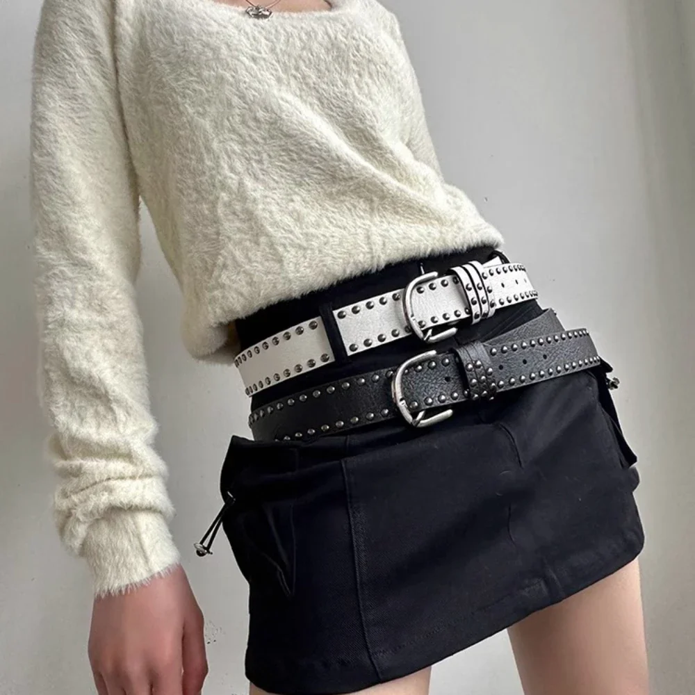 

Vintage Women Rivet Belt Y2k Women Retro Hip Hop Punk Belts Luxury Belt Double Row Hole Strap Casual Jeans Female Waist Belt Men