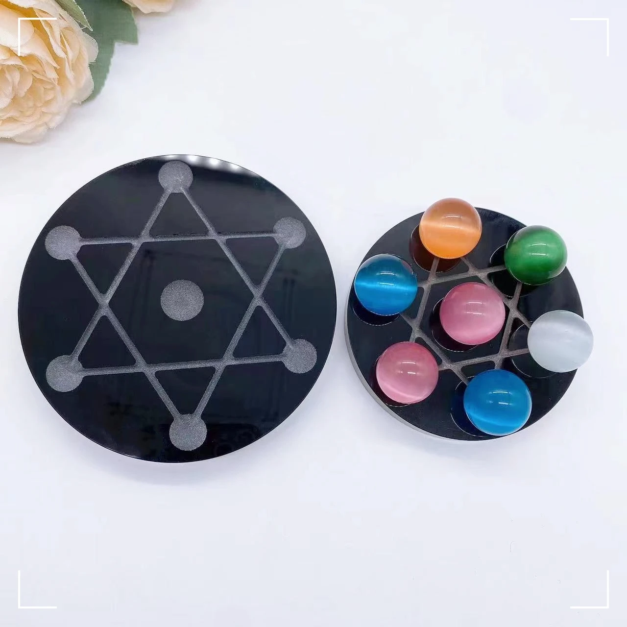 

Natural Black Obsidian Chakra Plate Seven Star Sphere Array Round Base Plate Crystal Healing Fengshui Mirror For Home Decor Gift