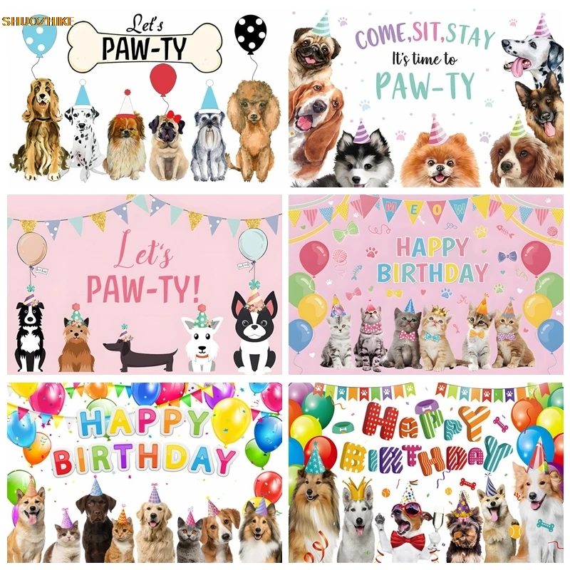 

Pet Shop Theme Photography Backdrop Animal Cartoon Cats Dog Paw Happy Birthday Party Decor Banner Background Photo Studio Props