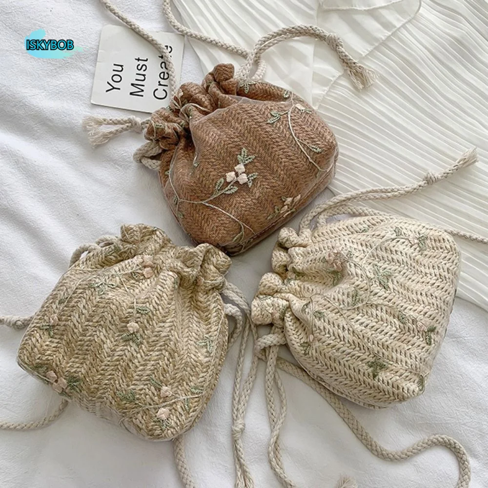 

Woman Handbag Weave Drawstring Bucket Bag Elegant Lace Straw Bag Korean Style Flower Woven Beach Bag Outdoor