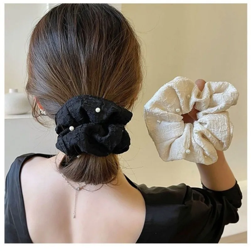 Coreano elegante pérola scrunchie para mulheres, elástico elástico de cabelo, cocar titular, laço cabelo anel, corda headwear, acessórios para